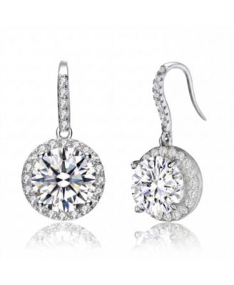 Dainty White Gold Plated Halo CZ Round Drop Fish Hook Earrings