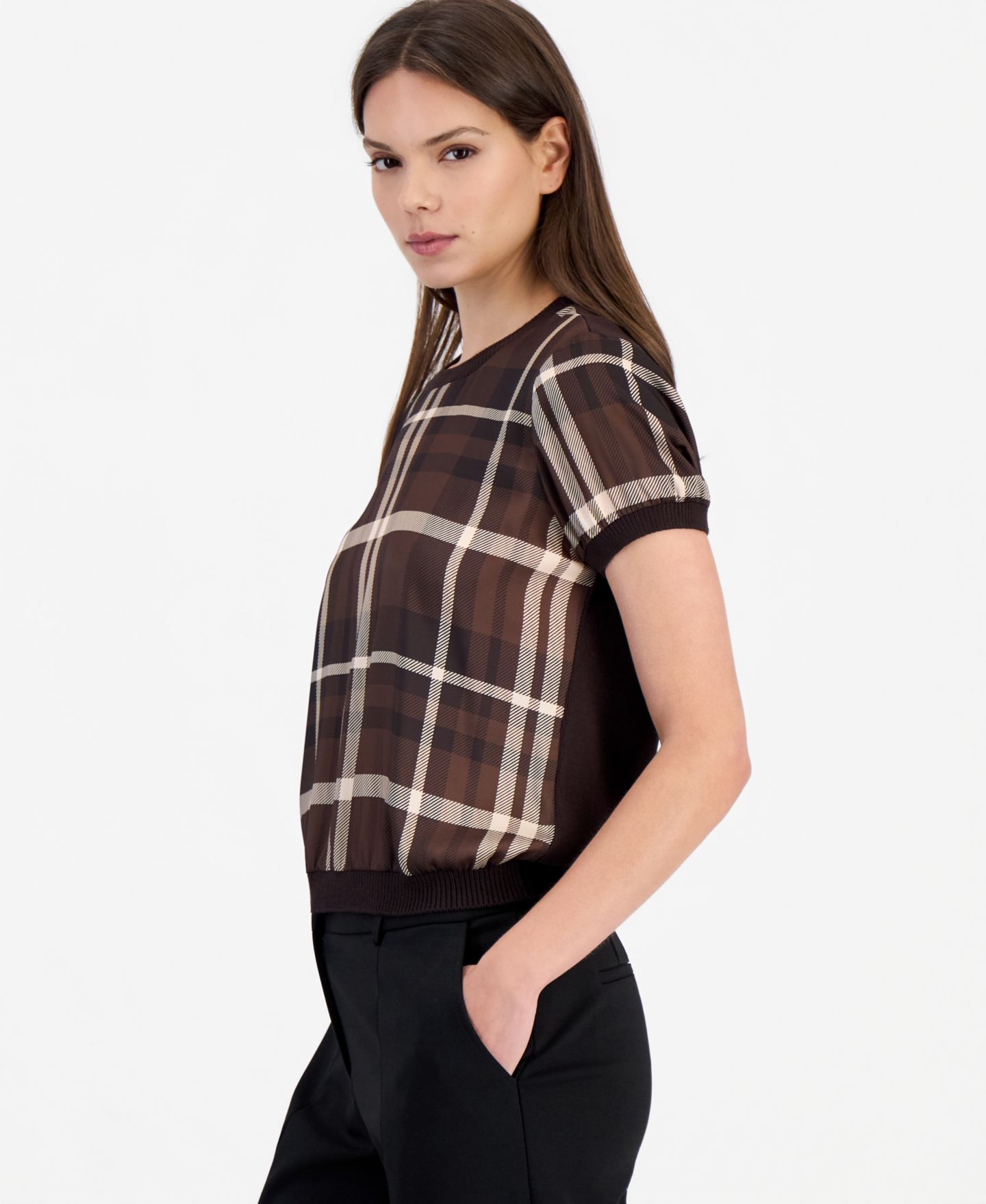 Женский свитер Tahari ASL Crewneck Short-Sleeve Plaid-Print, цвет: Тёмно-коричневый клетчатый — фото 3