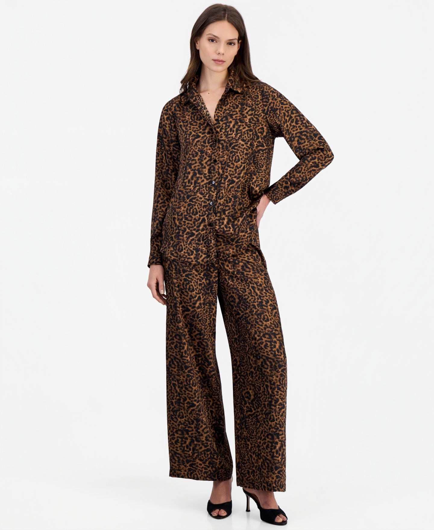 Женские комплекты Tahari ASL Animal-Print Blouse & Wide Leg Pants, цвет: Орех чёрный леопардовый — фото 1