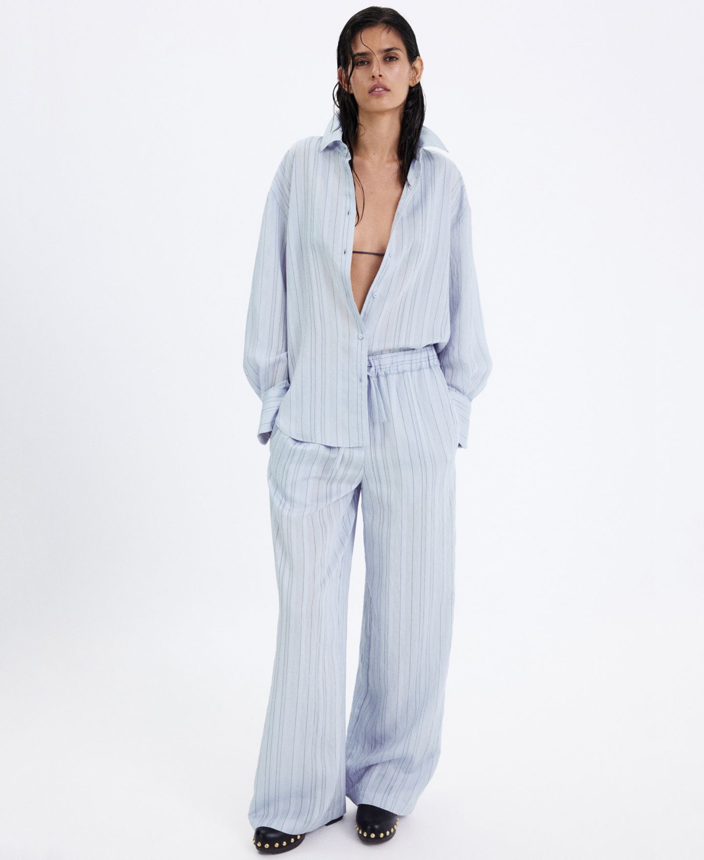 Женские брюки Mango Wide-Leg Striped, цвет: Синий — фото 2