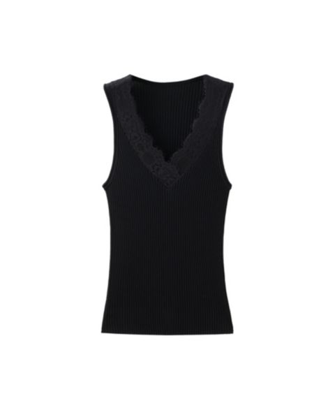 Женский топ Mango Ribbed Lace, цвет: Чёрный