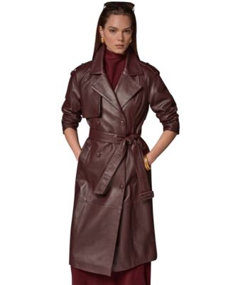 Women's Double Breasted Belted Leather Trench Coat