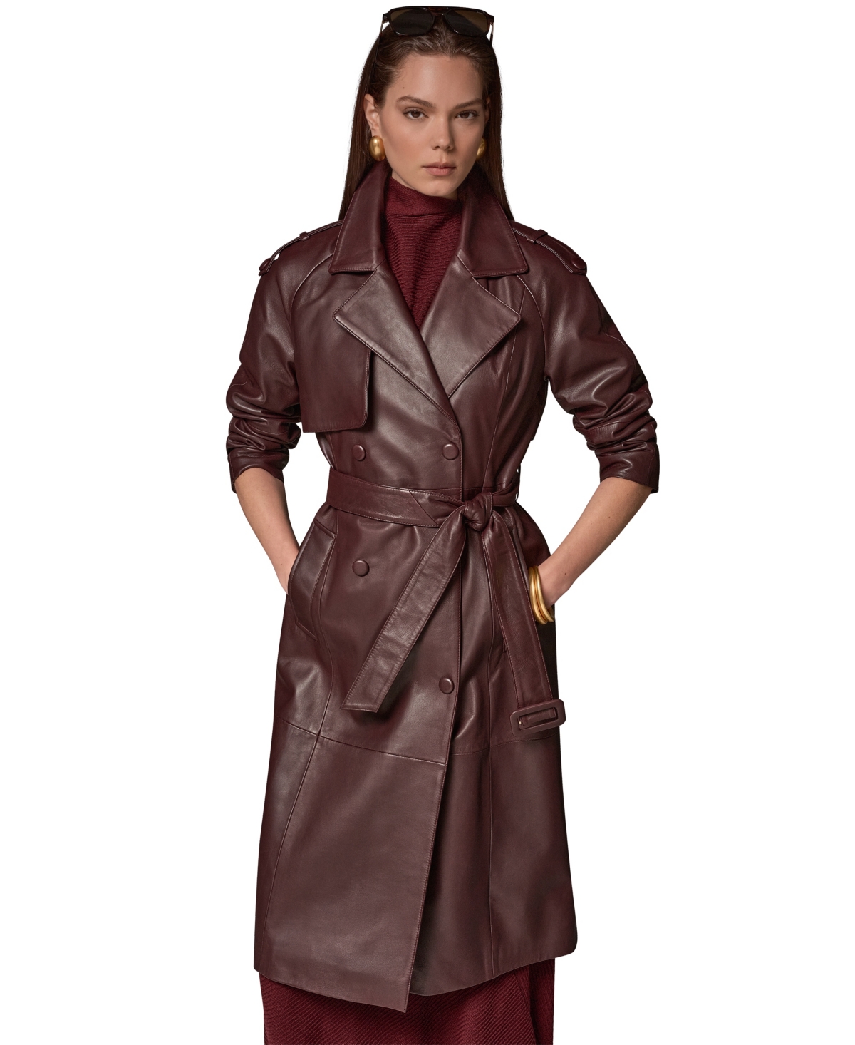 Donna Karan New York Women's Double Breasted Belted Trench Coat - Black Cherry