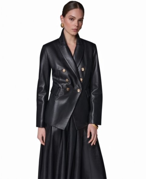 Женский пиджак Donna Karan New York Double-Breasted Leather Blazer, цвет: Чёрный