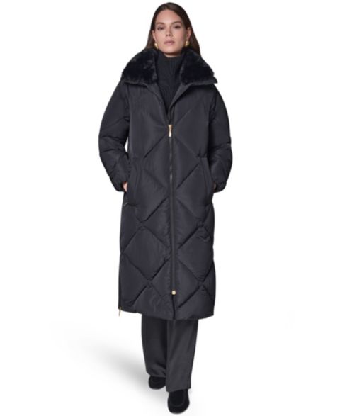 Женский стёганый пуховик миди Donna Karan New York с отделкой из искусственного меха, цвет: Чёрный
