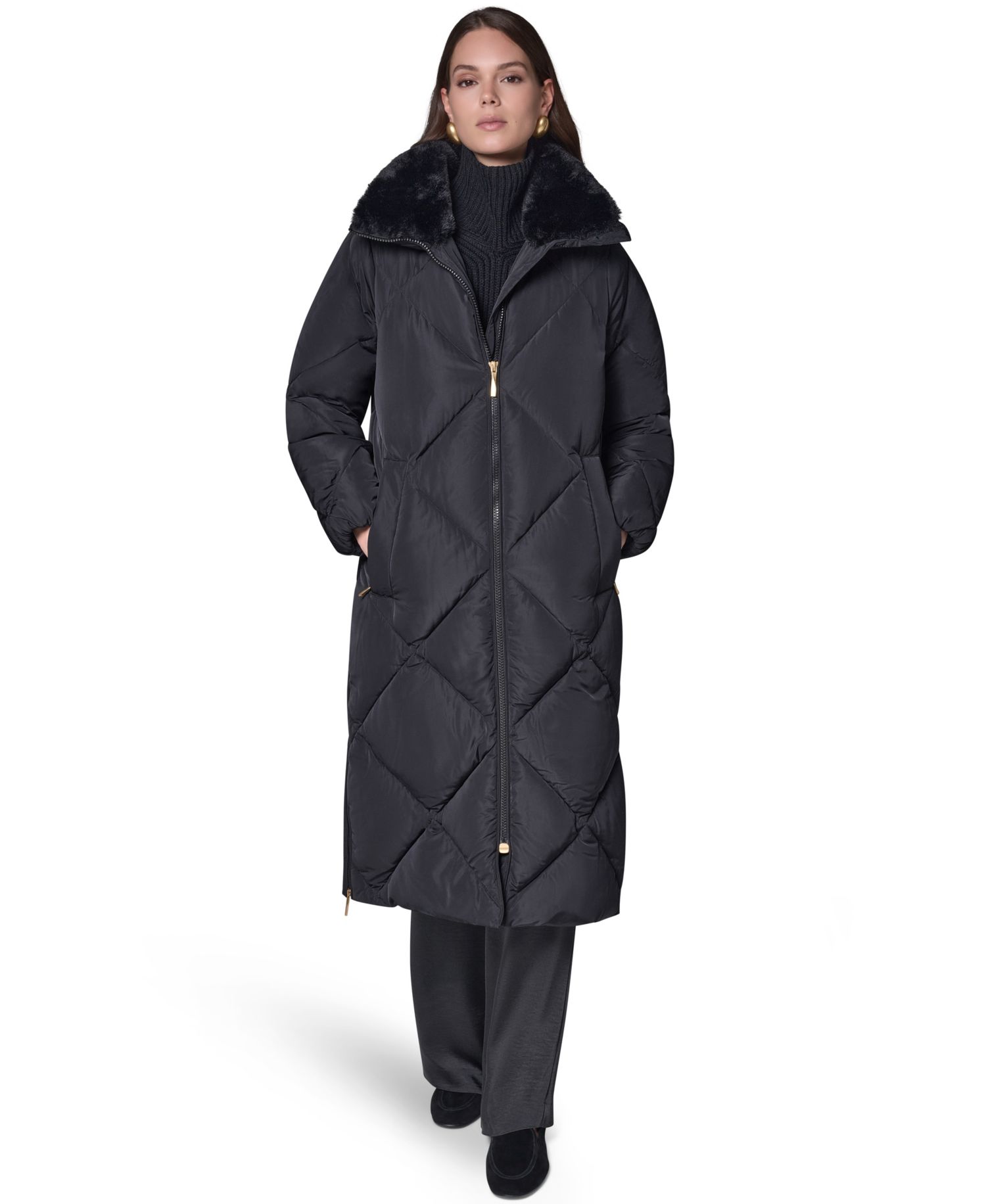 Women's Quilted Midi-Length Faux Fur-Trimmed Puffer Coat