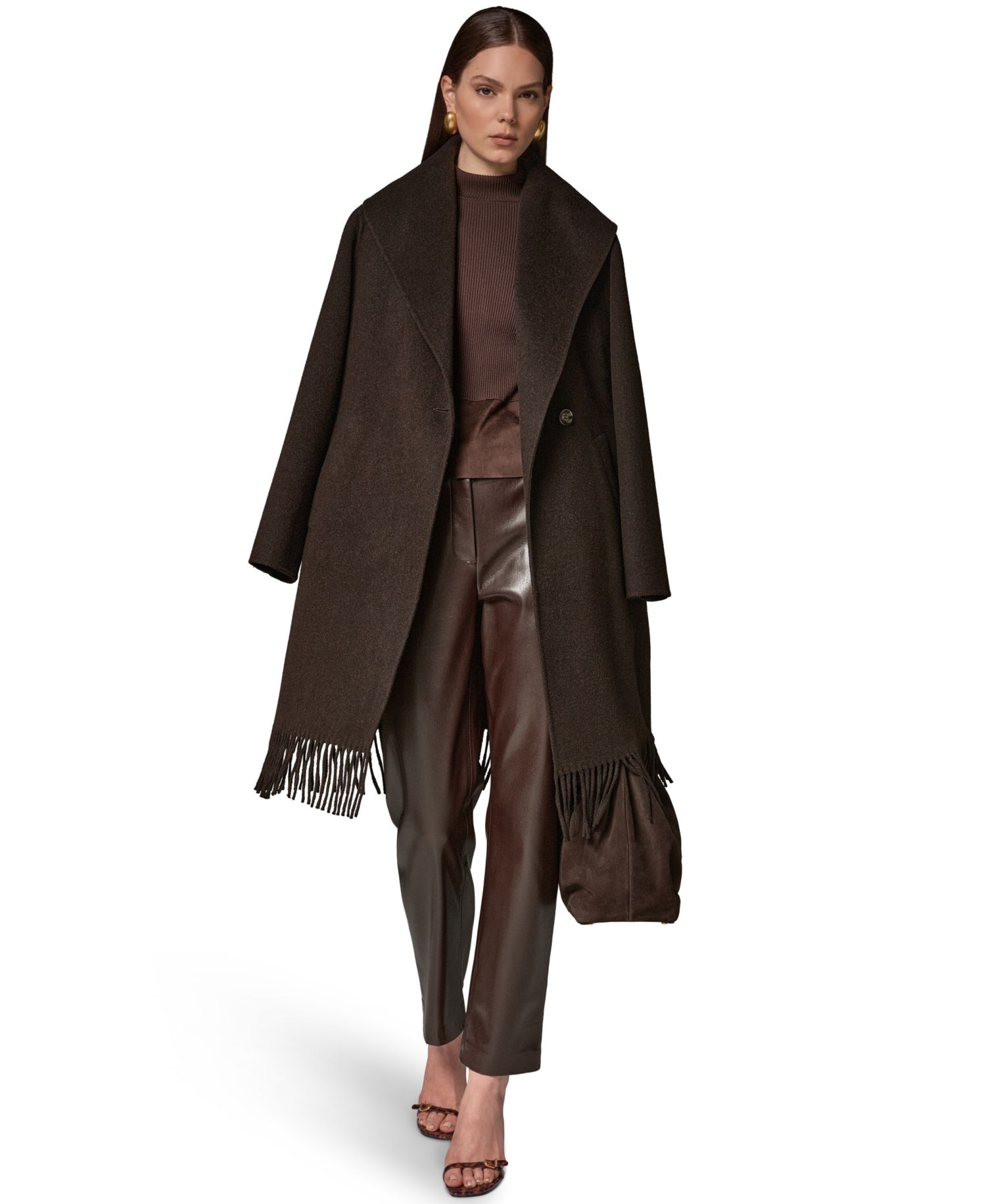 Women's Belted Fringe Wool-Blend Shawl-Collar Mid-Length Coat