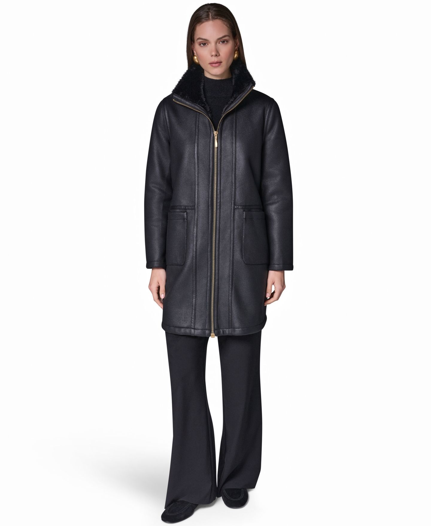Женское пальто Donna Karan New York из искусственной овчины с отложным воротником, цвет: Чёрный — фото 7