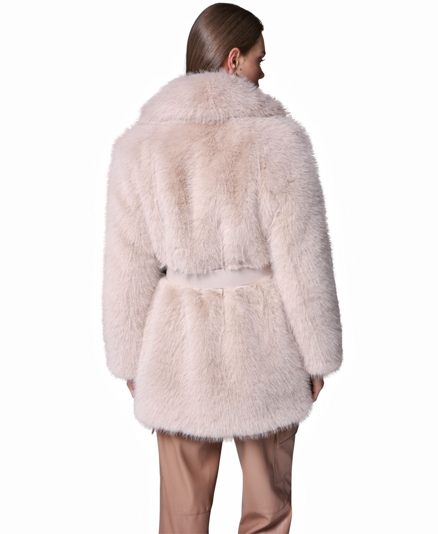 Womens Belted Collared Faux Fur Coat
