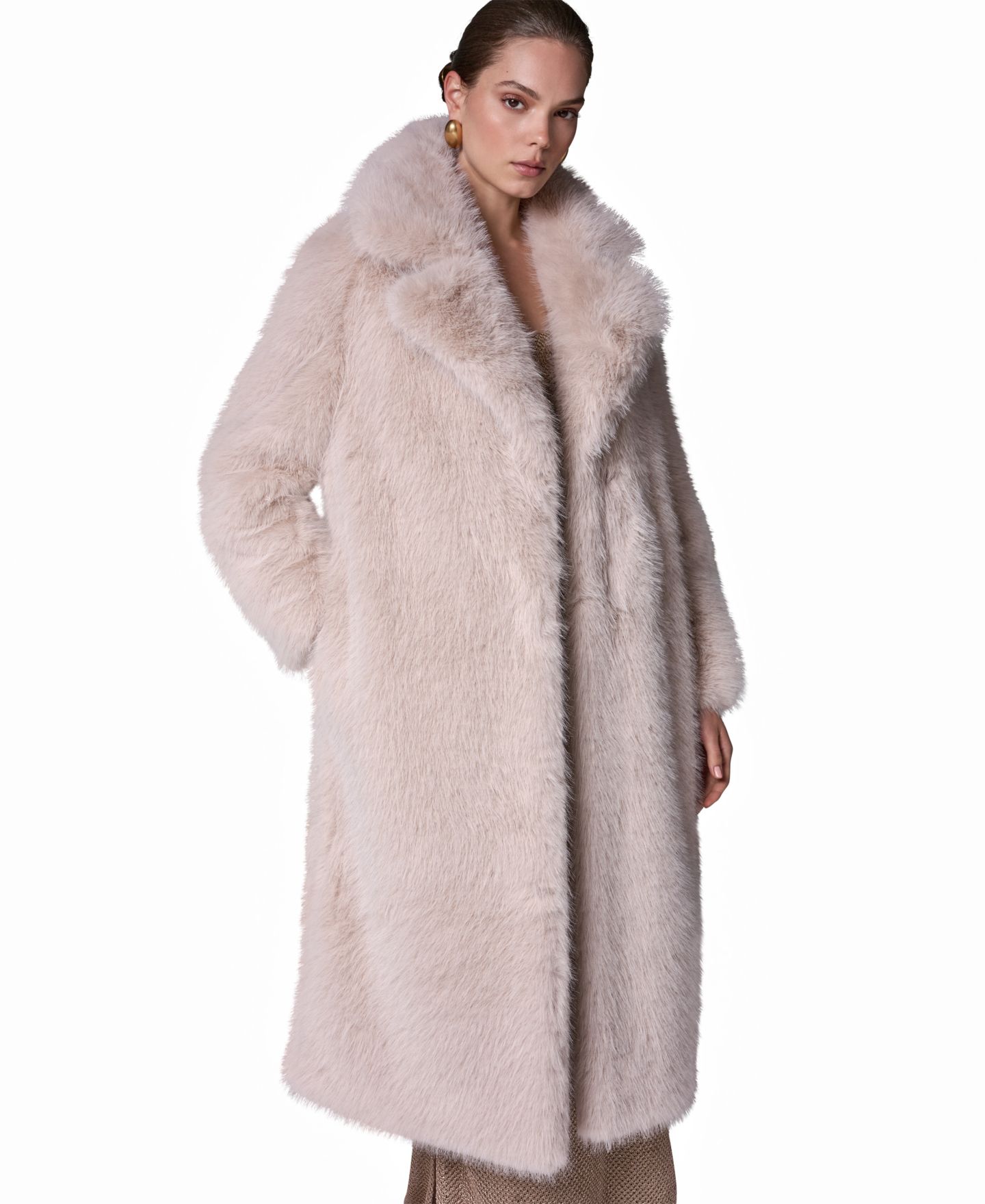 Женское пальто Donna Karan New York Maxi Collared Faux-Fur, цвет: Бежевый — фото 3