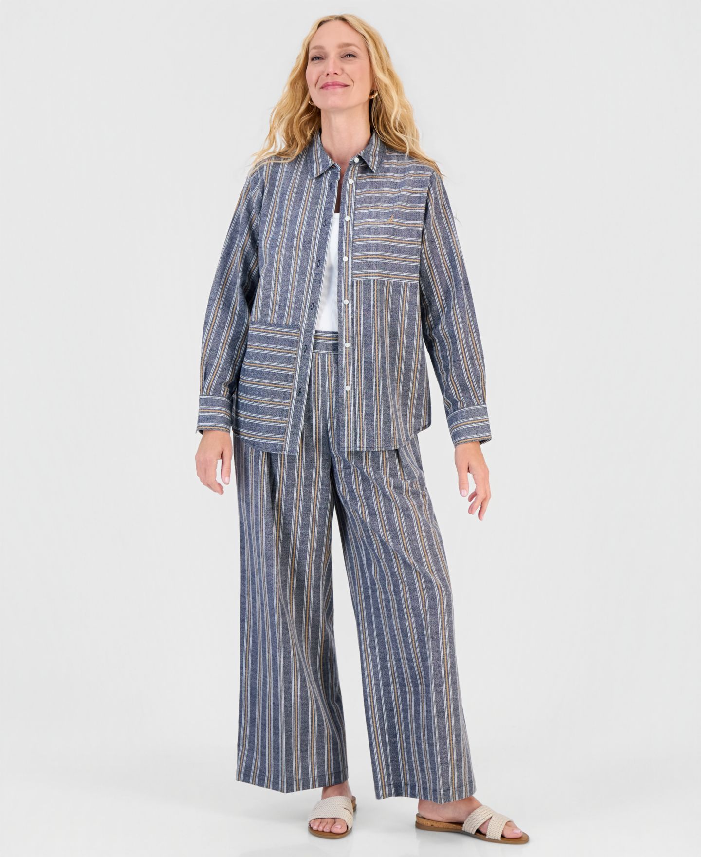 Женская рубашка Nautica Long-Sleeve Linen-Blend Striped, цвет: Небесно-голубой разноцветный — фото 2