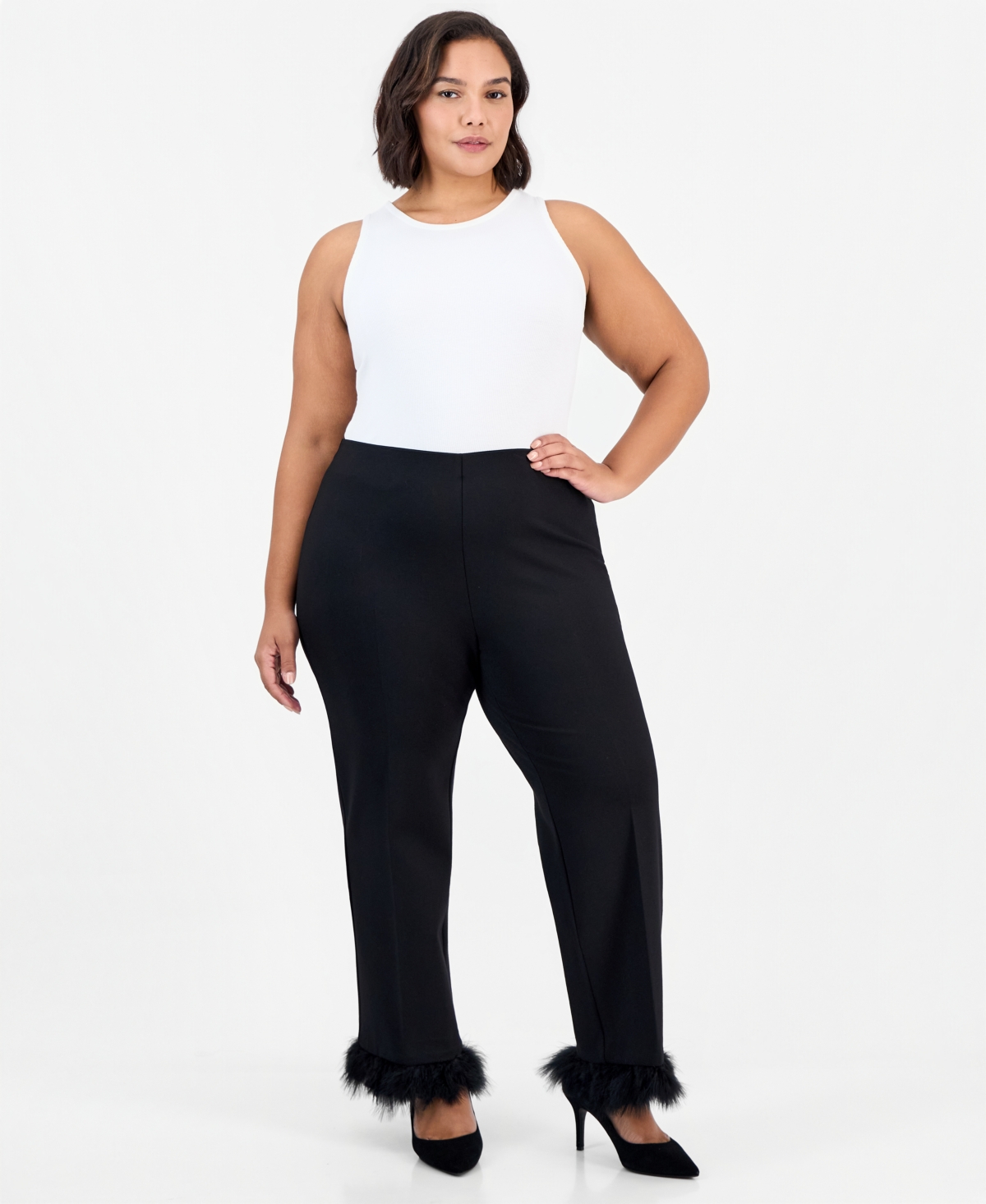Anne Klein Plus Hollywood Waist High-Rise Pull-On Feather-Trim Pants