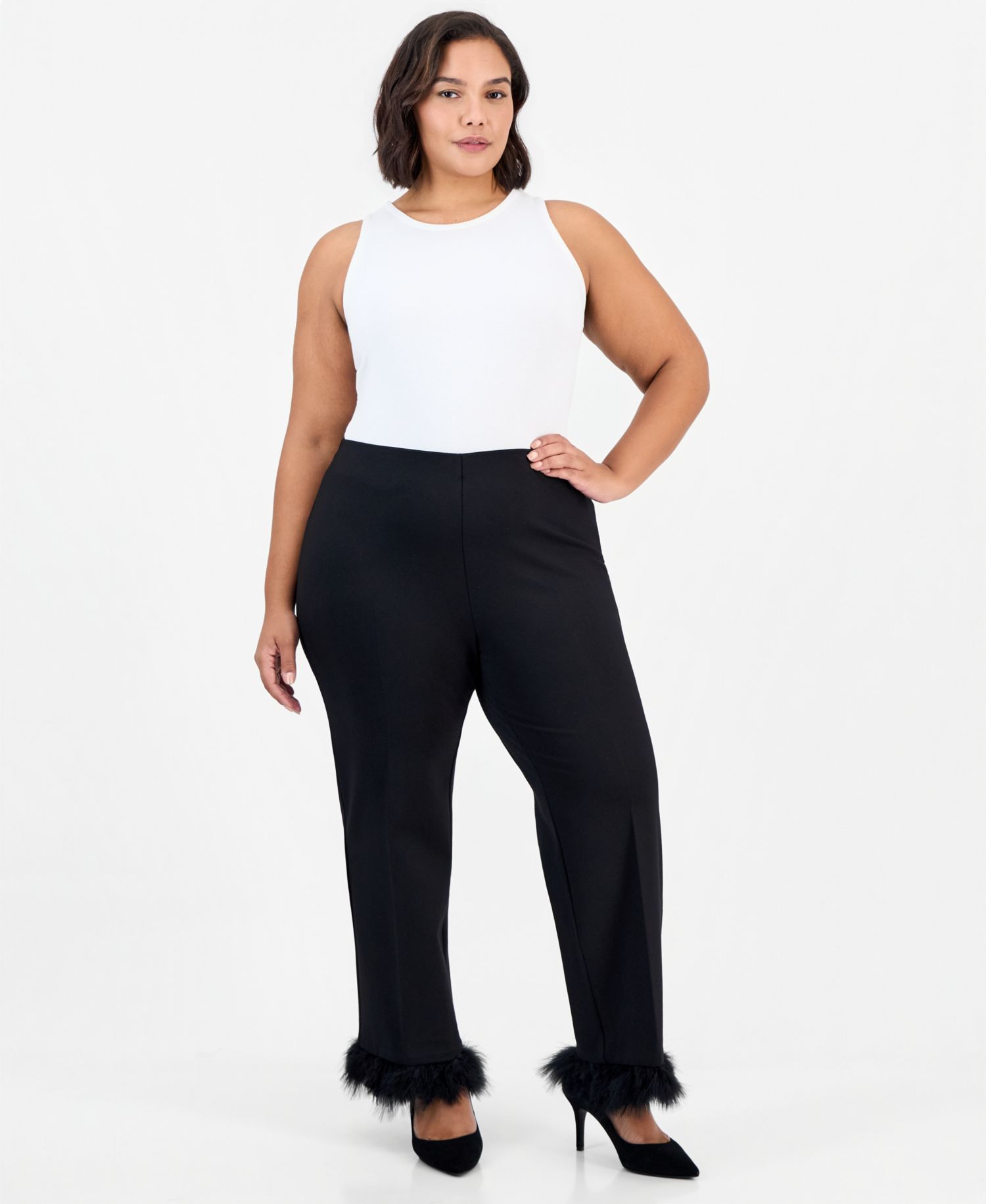 Plus Size Hollywood Waist High-Rise Pull-On Feather-Trim Pants