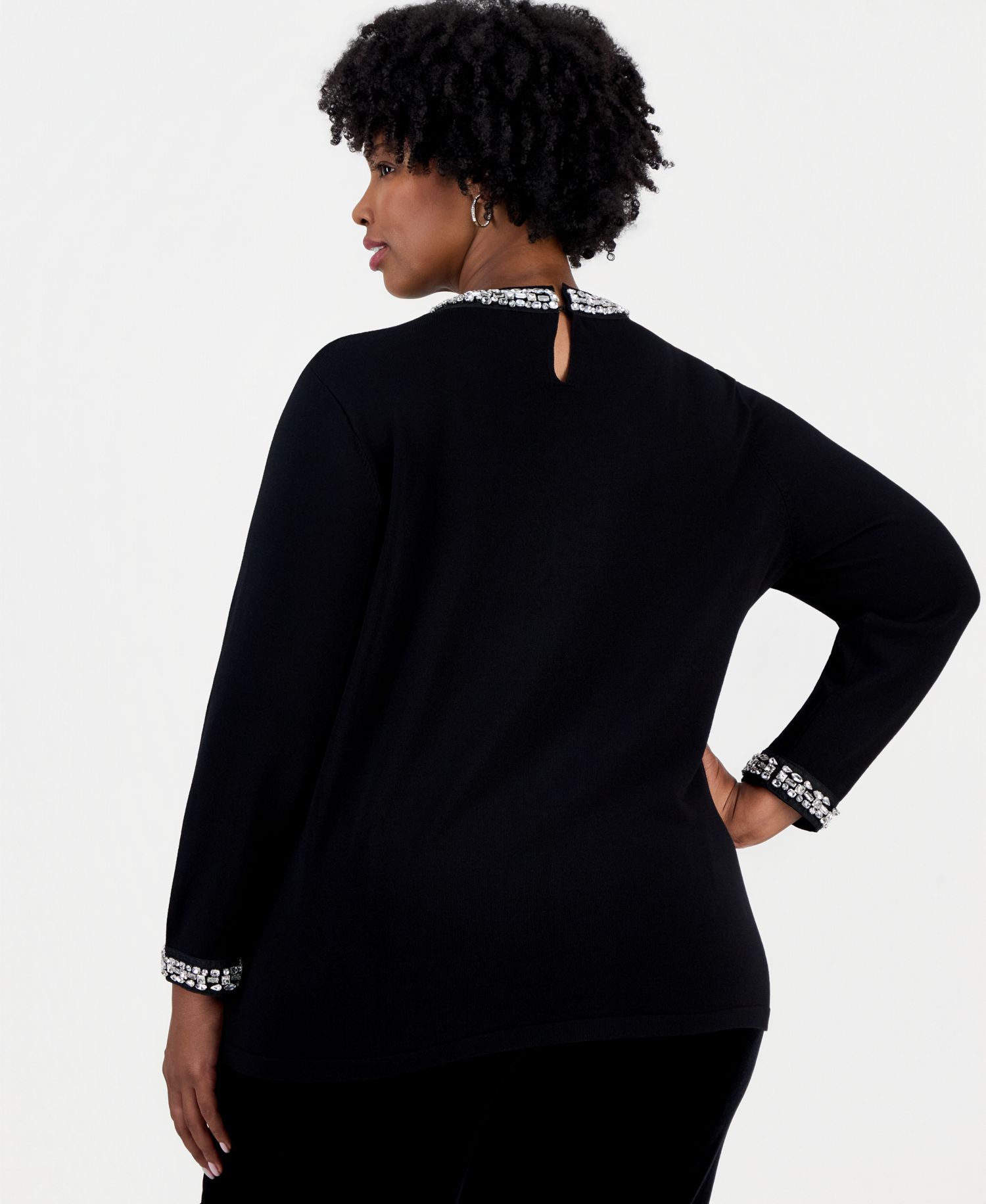 Plus Size Rhinestone Embellished Keyhole Sweater