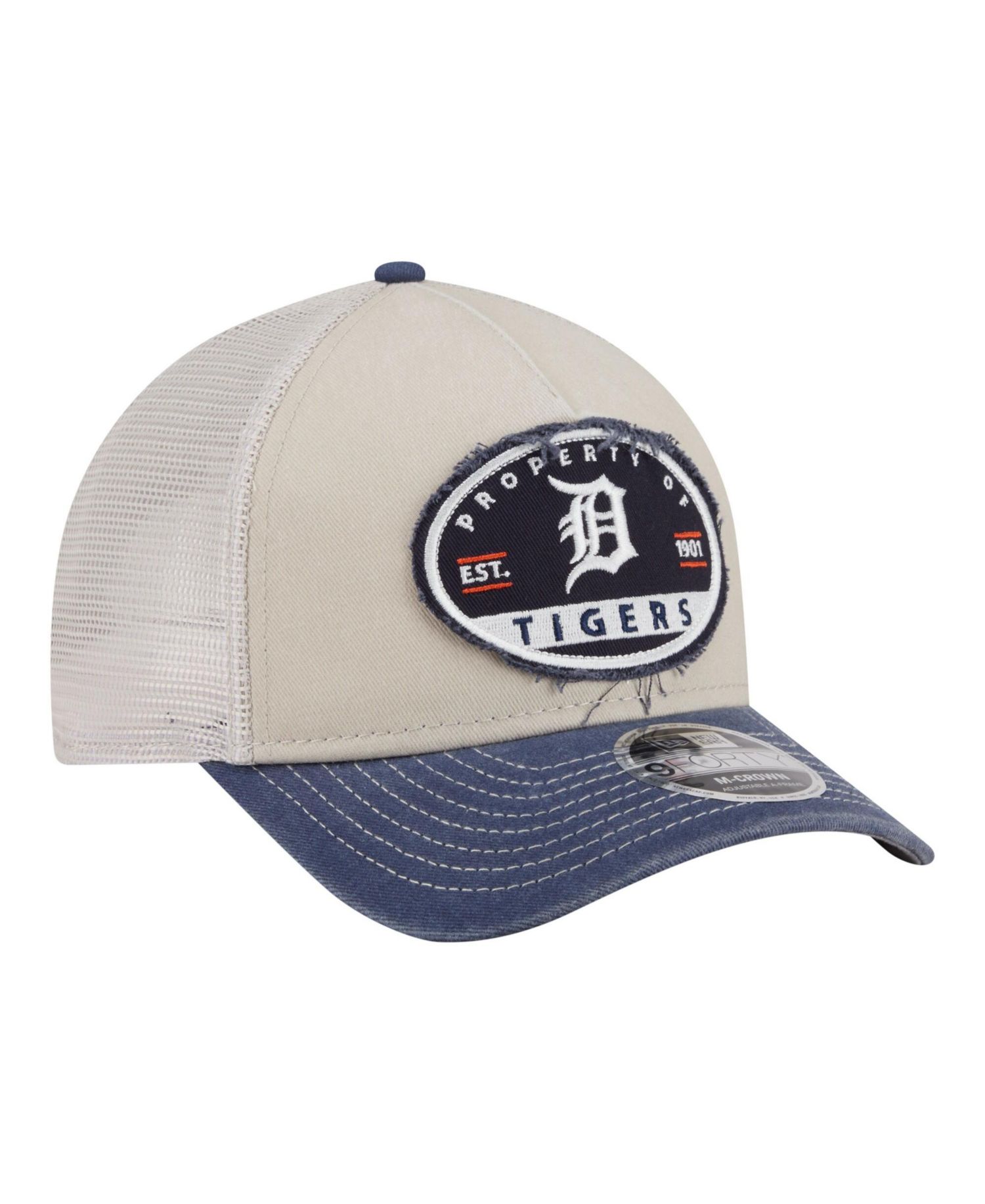 Men's Light Beige/Navy Detroit Tigers Frayed M-Crown A-Frame 9FORTY Trucker Adjustable Hat