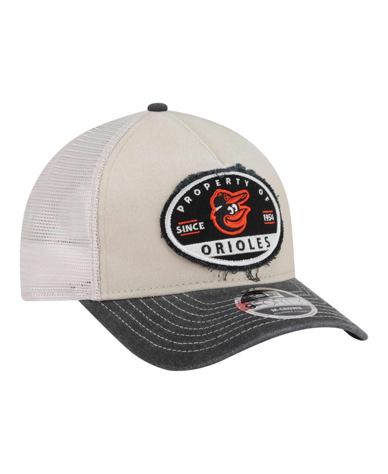 Men's Light Beige/Black Baltimore Orioles Frayed M-Crown A-Frame 9FORTY Trucker Adjustable Hat