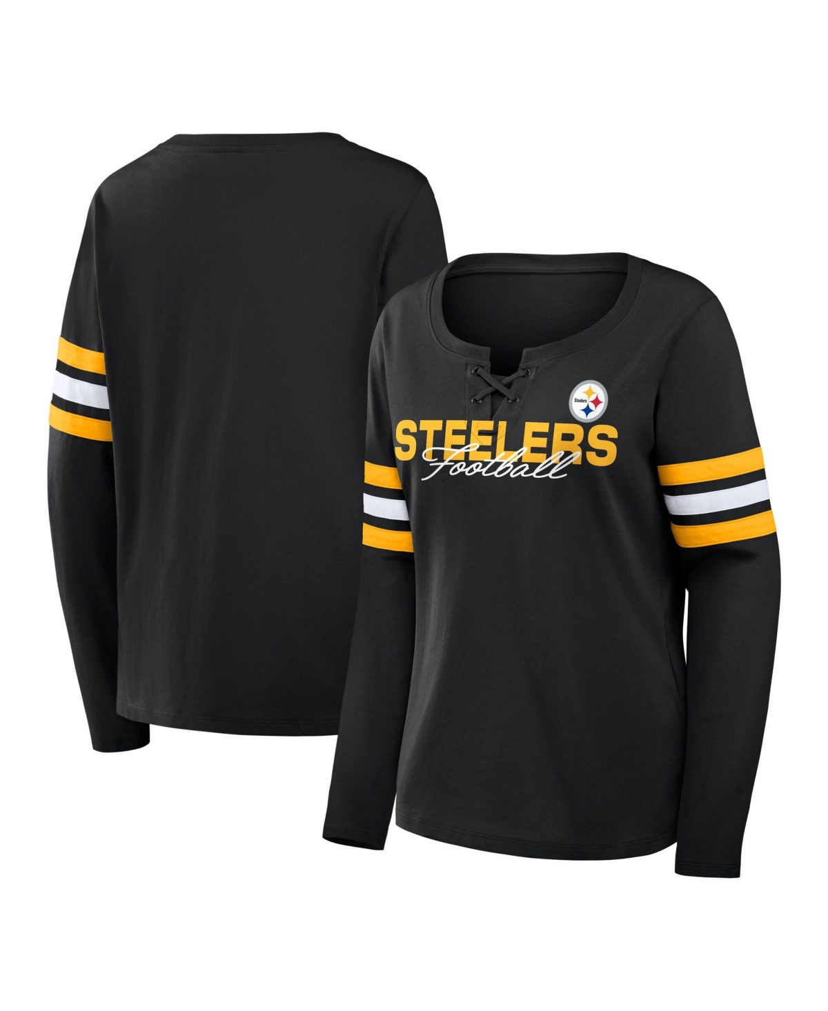 Fanatics Women's Black Pittsburgh Steelers Team First Coverage Scheme Lace-Up Long Sleeve T-Shirt - Black, Gold