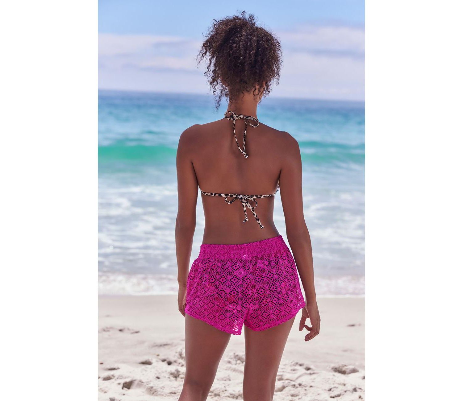 Women's Geometric Print Eyelet Shorts Crochet Swim Cover-Up