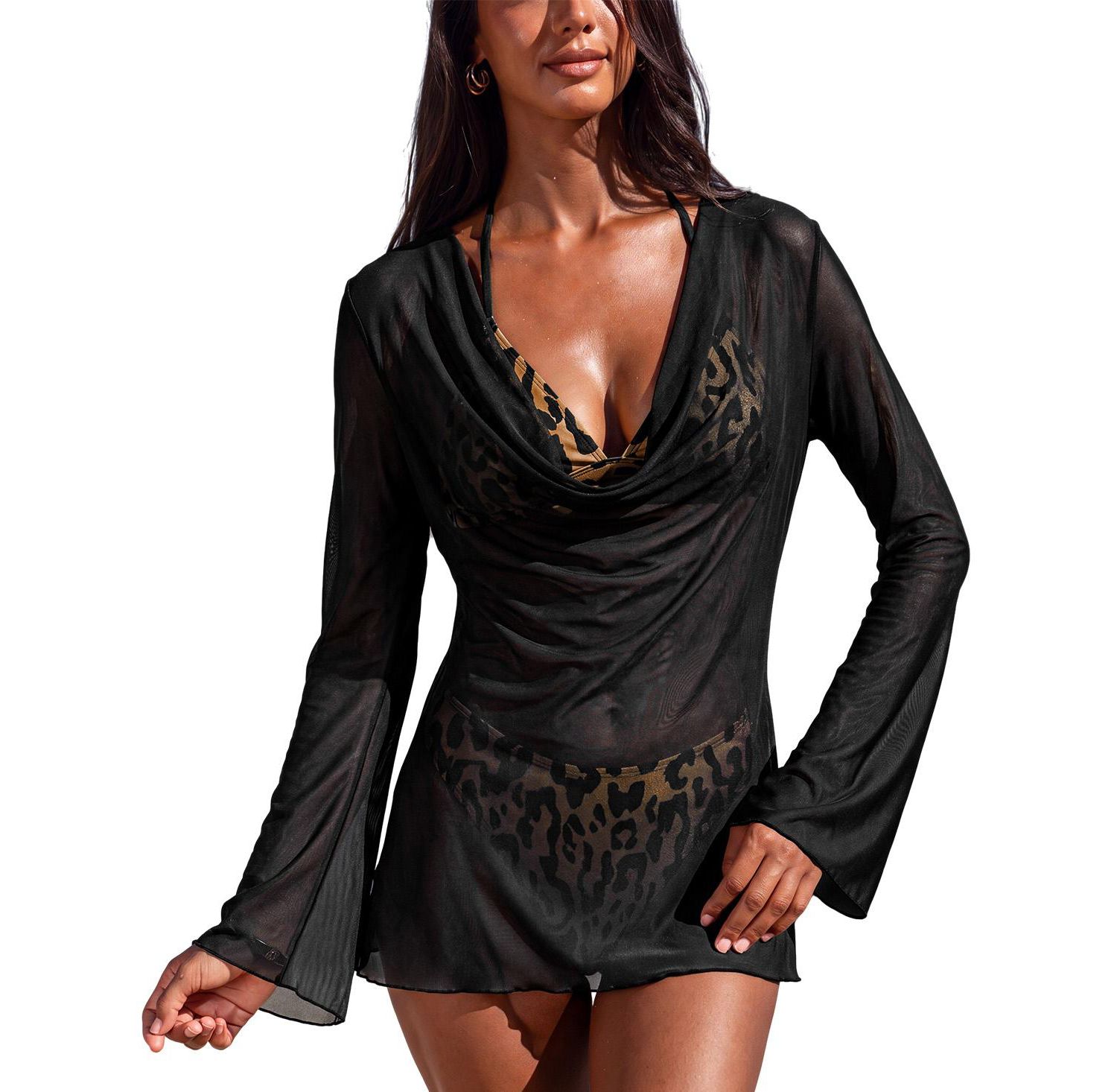 Women's Serene Breeze V-Neck Long-Sleeve Sheer Cover-Up and Bikini Set