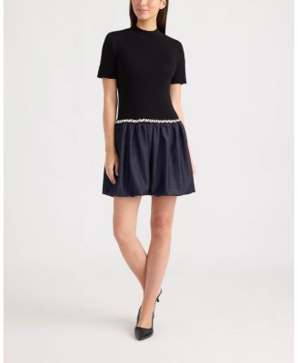 Women's Twofer Mock Neck Short Sleeve Bubble Skirt Mini Dress