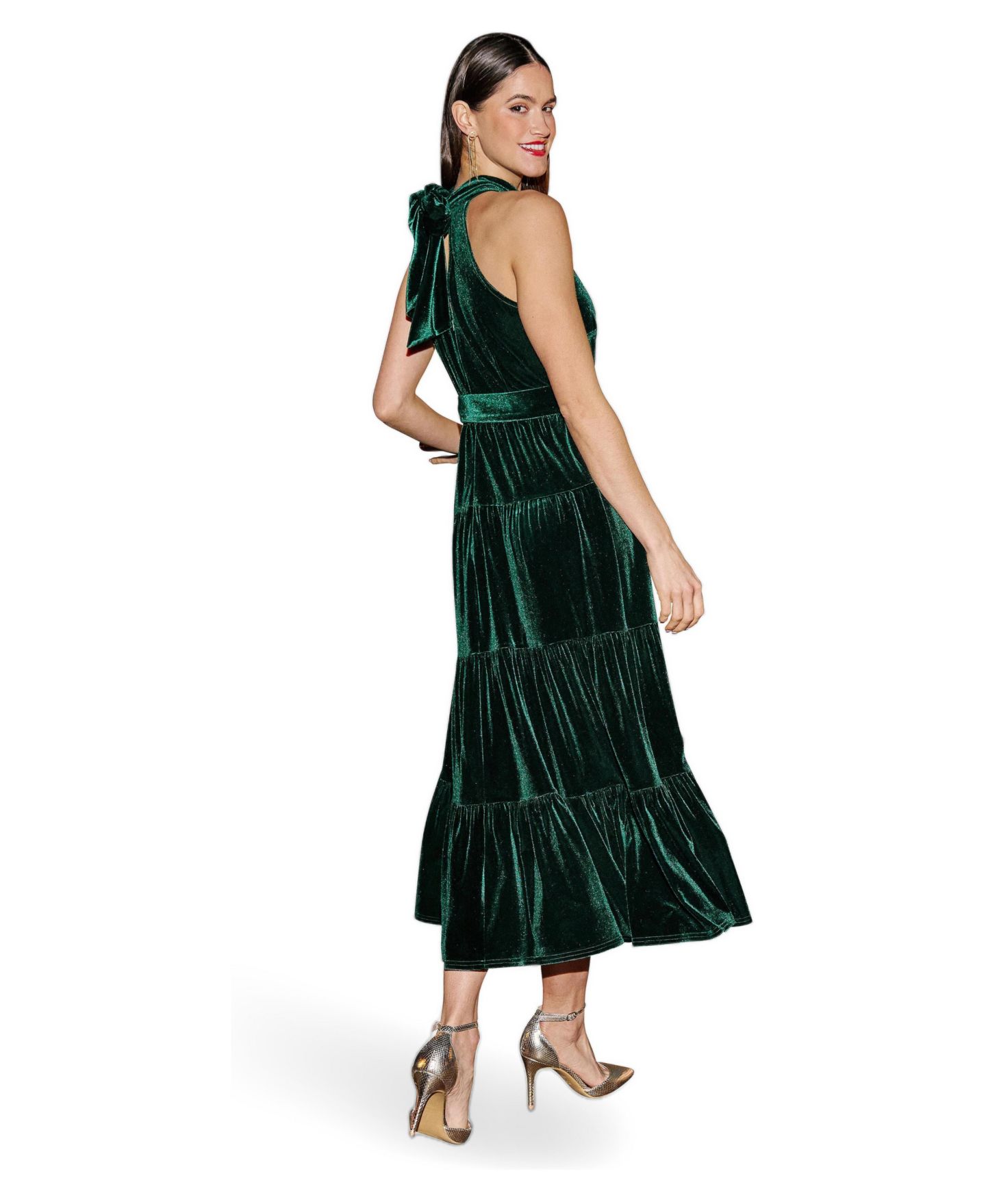 Женское платье Yumi Velvet Halter-Neck Tiered Maxi, цвет: Зелёный — фото 4
