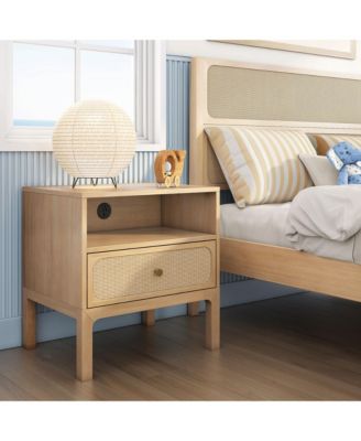 Elio/Rattan 1 Drawer with Cubby and Electrical Outlet Nightstand