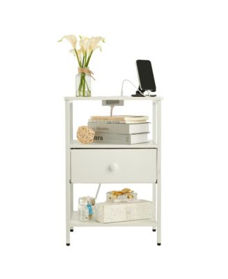 Bedside Table with Charging Station – 3-Tier Storage Nightstand, Fabric Drawer and Metal Frame Compact Narrow End Table for Bedroom Living Room