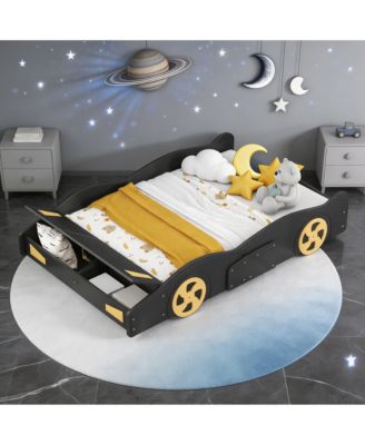 Full Race Car Platform Bed Frame with Storage and Guardrails