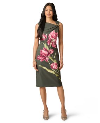 Women's Floral Crepe Asymmetrical Midi Dress