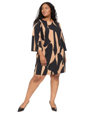 Plus Size 3/4-Sleeve Geometric-Print Scuba Crepe Shift Dress