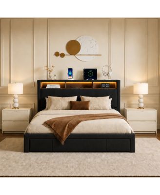 Full-Size Upholstered Storage Bed with LED Headboard, Charging Station and Drawers
