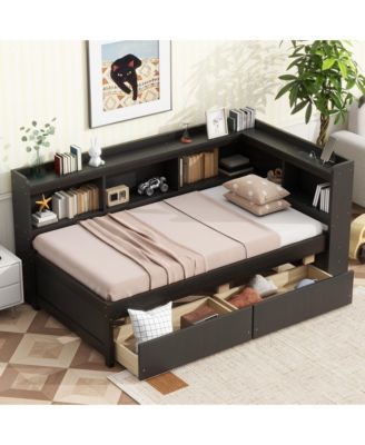 L-shaped Bookcases Bed with Power Outlets, USB Charging Ports, Two Drawers