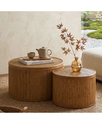  Vintage Inlaid Rattan Coffee Table with Storage, Natural, Set of 2
