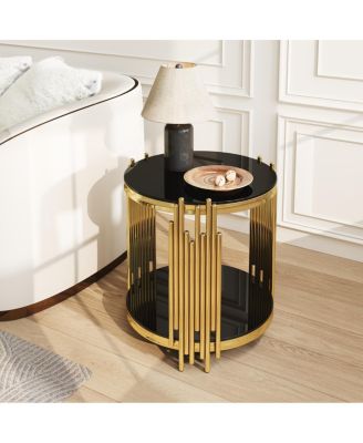19.7" 2-Tier Round Glass End Table with Stainless Steel Legs