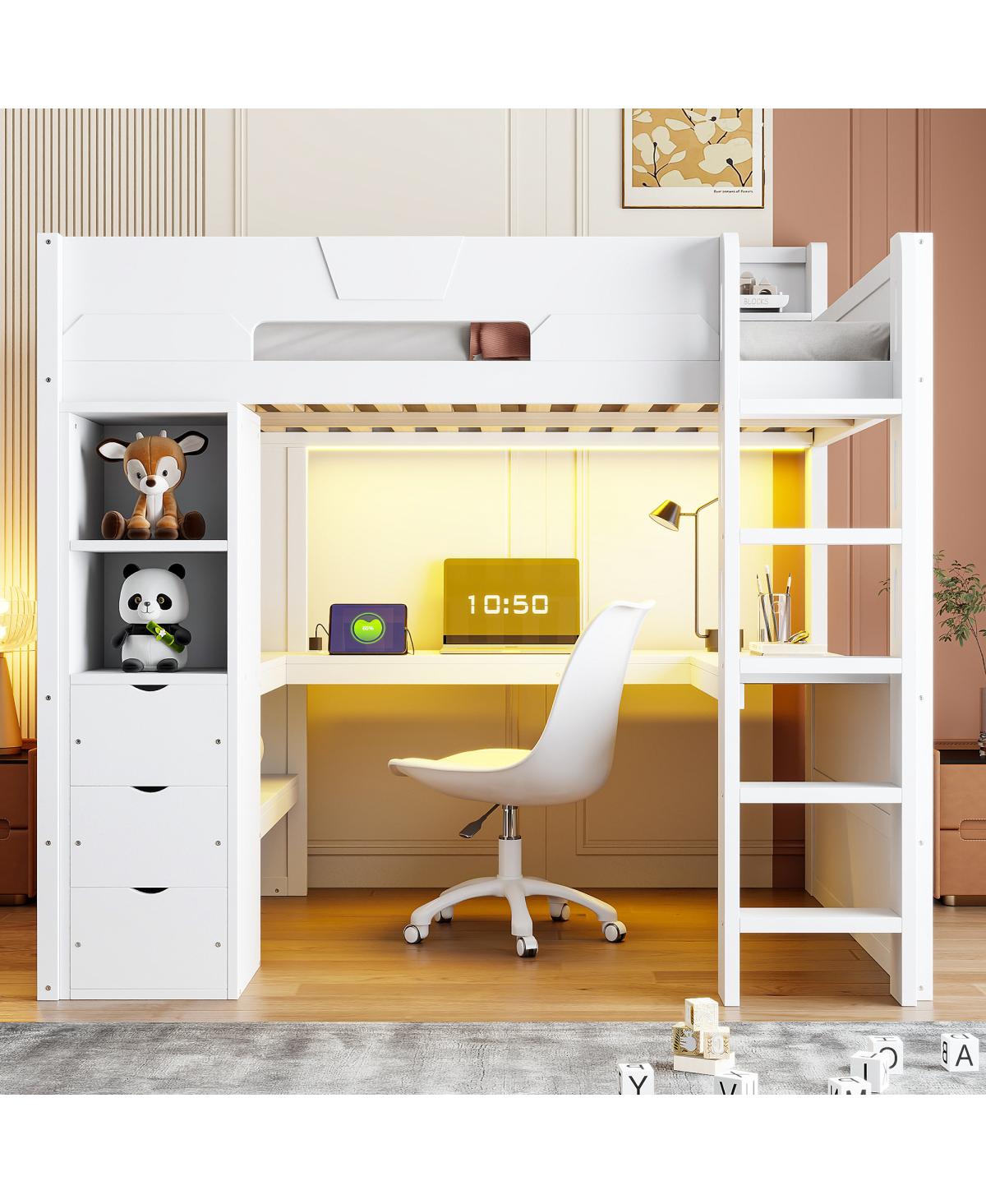 Streamdale Furniture Full Size Wooden Gaming Loft Bed with Desk, Rgb Lights and Storage