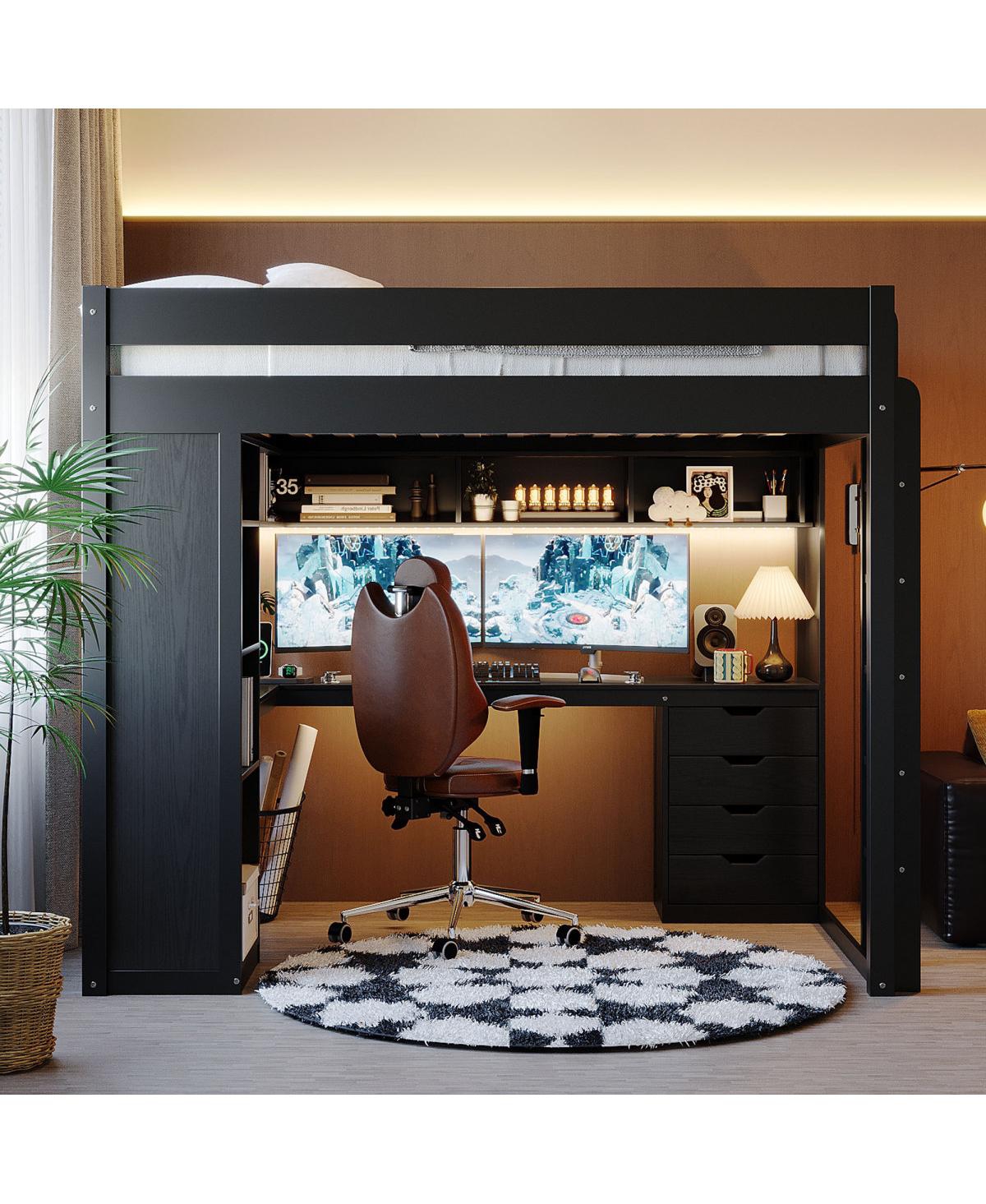 Streamdale Furniture Solid Wood Loft Bed with L-Shaped Desk, Drawers, and Led Lights