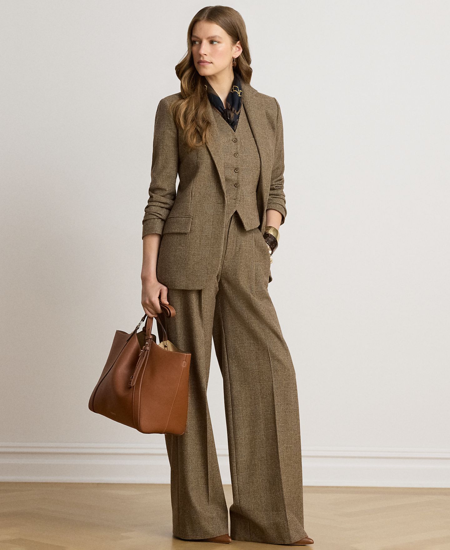 Женские брюки Lauren Ralph Lauren High-Rise Pleated Wide-Leg Wool, цвет: Коричневый / Рыжевато-коричневый разноцветный — фото 3
