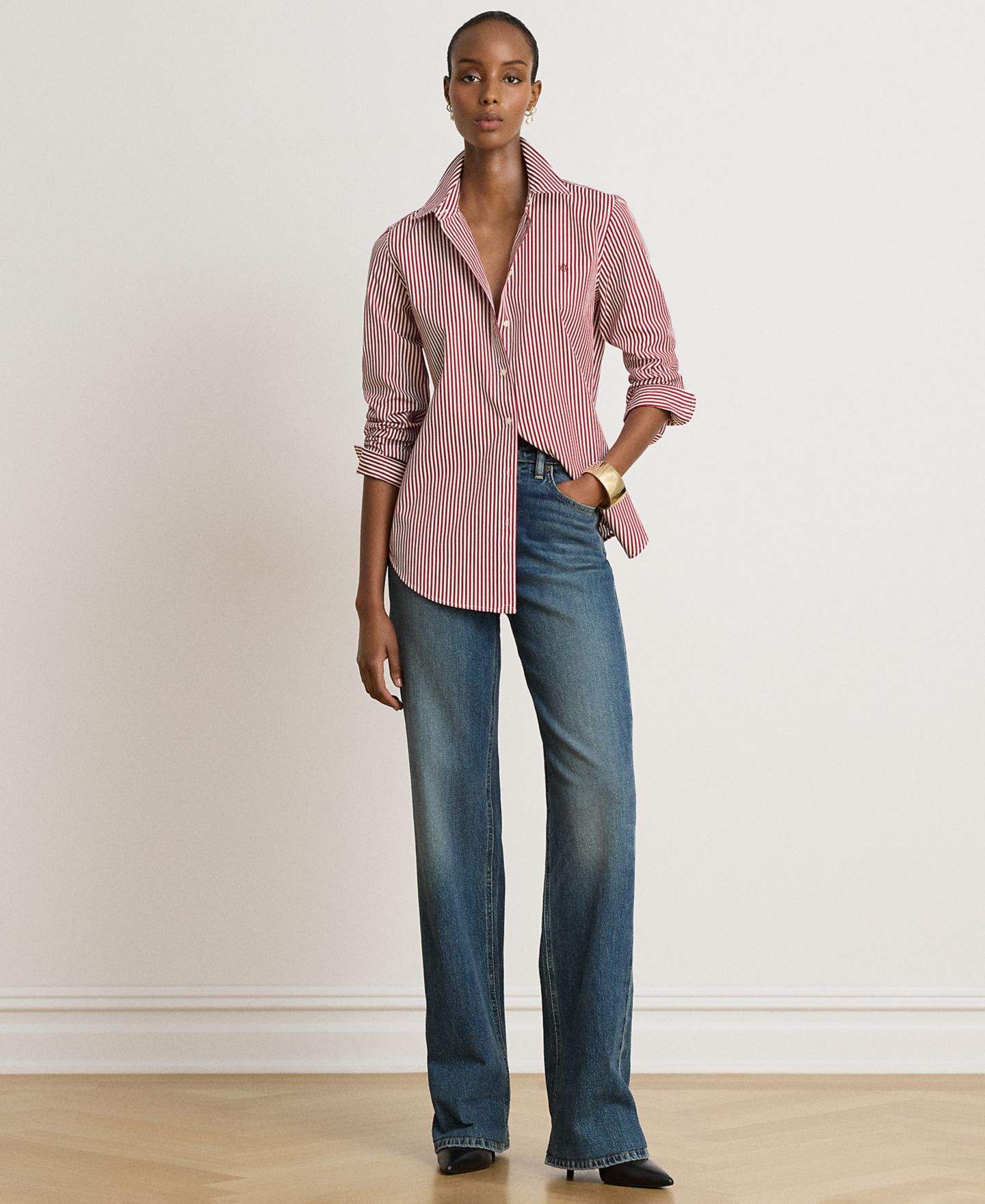 Женская рубашка Lauren Ralph Lauren Striped Long-Sleeve Button-Down, цвет: Бордовый / Белый — фото 2