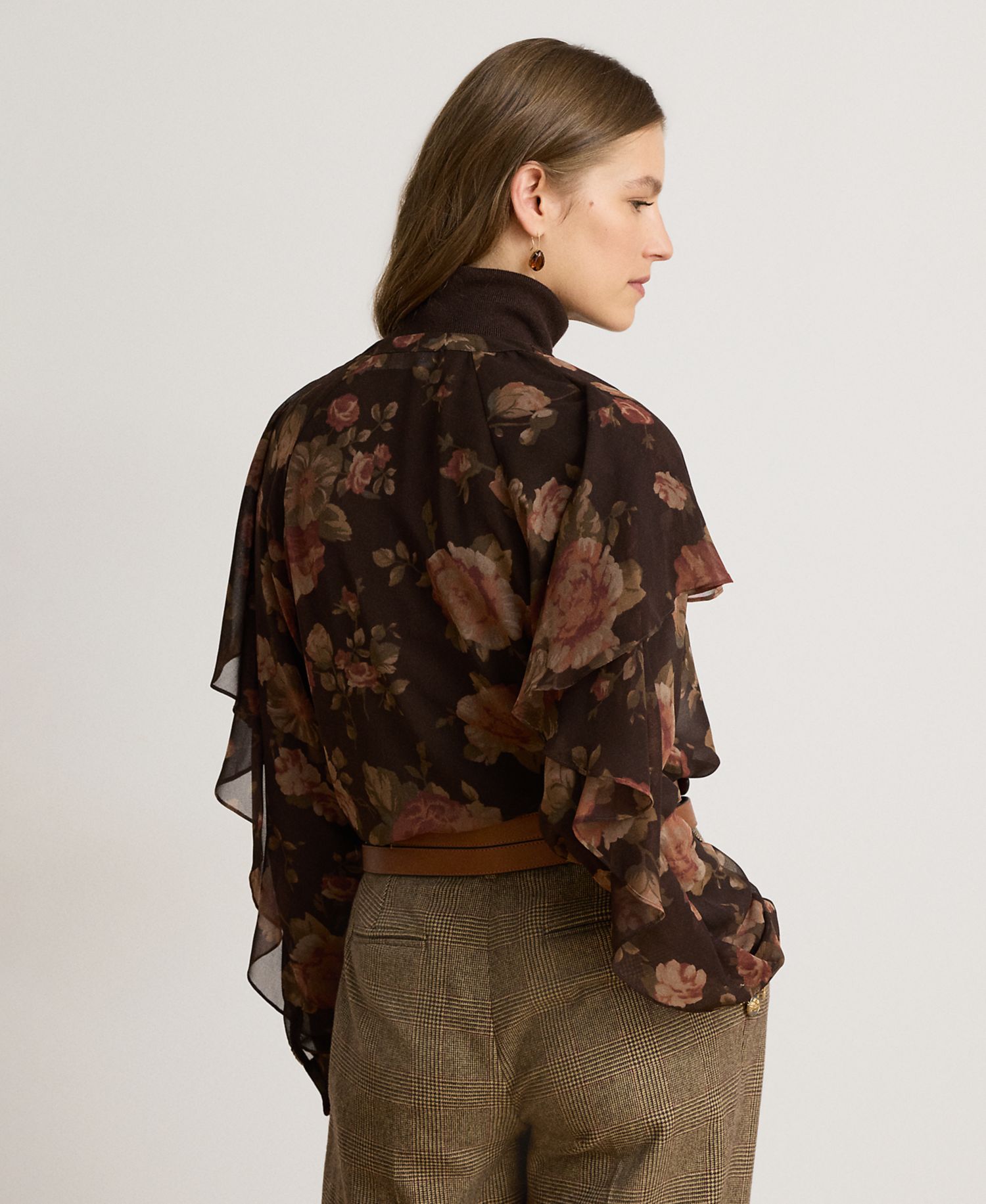Petite Floral Ruffle-Trim Chiffon V-Neck Blouse