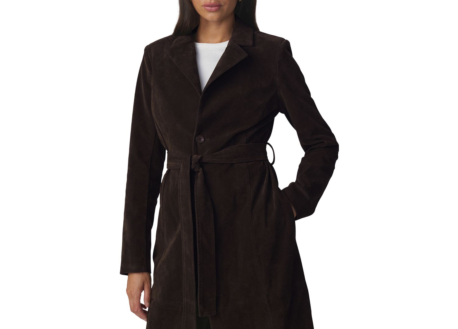 Women's Collared Belted Faux-Suede Long Coat