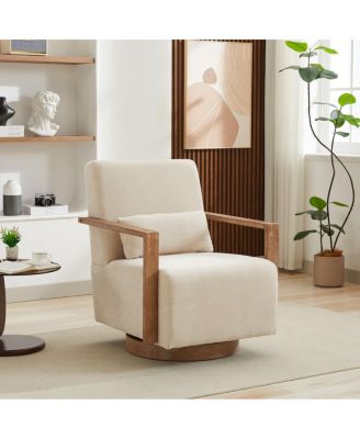 Modern Swivel Upholstered Accent Chair with Solid Wood Armrests