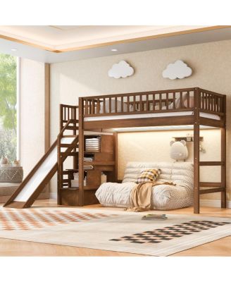 Twin Size Loft Bed with Storage Staircase, Slide and LED Light