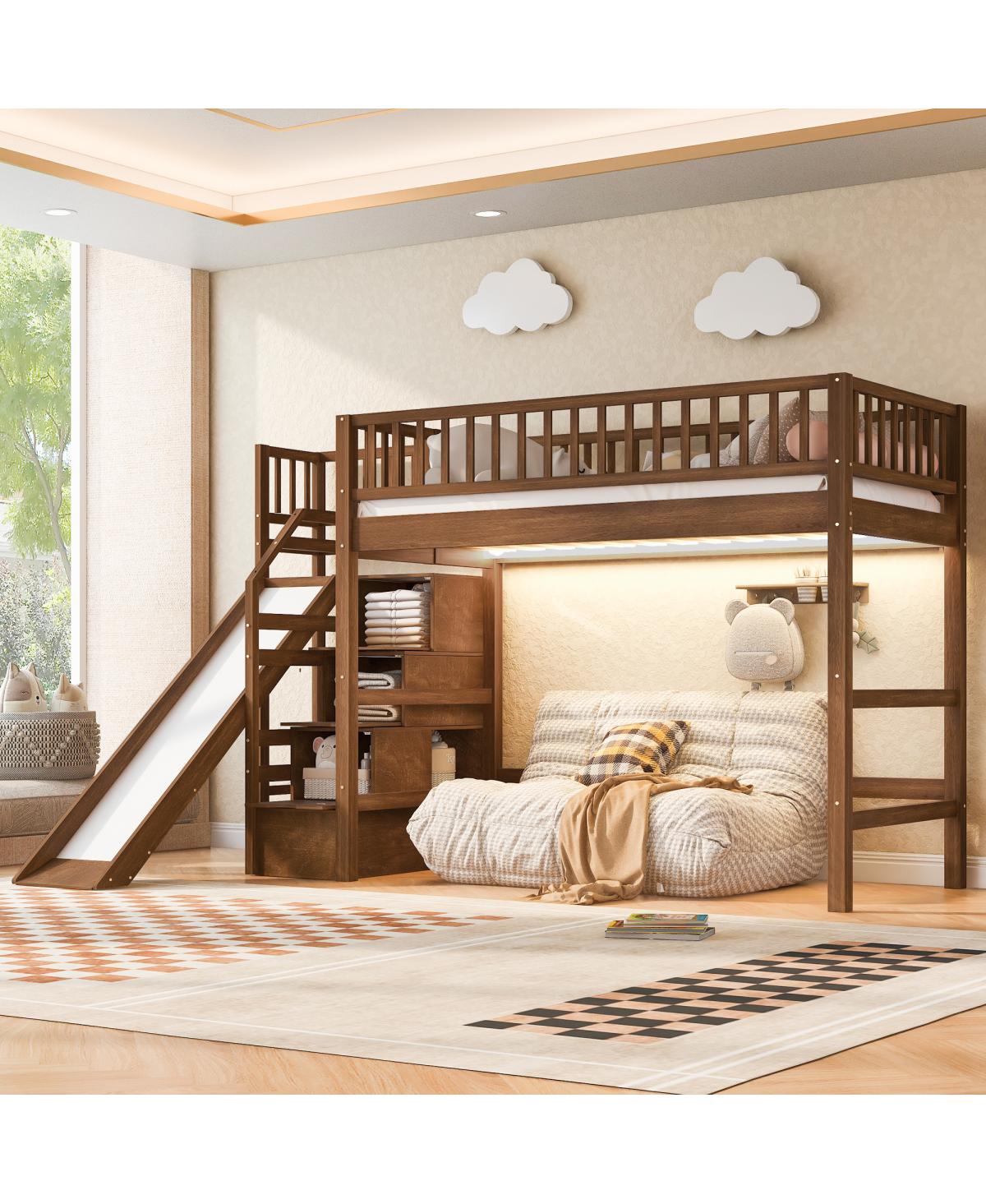 Streamdale Furniture Twin Size Loft Bed with Storage Staircase, Slide and Led Light