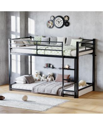Twin Over Twin Metal Bunk Bed with Ladder and Guardrails
