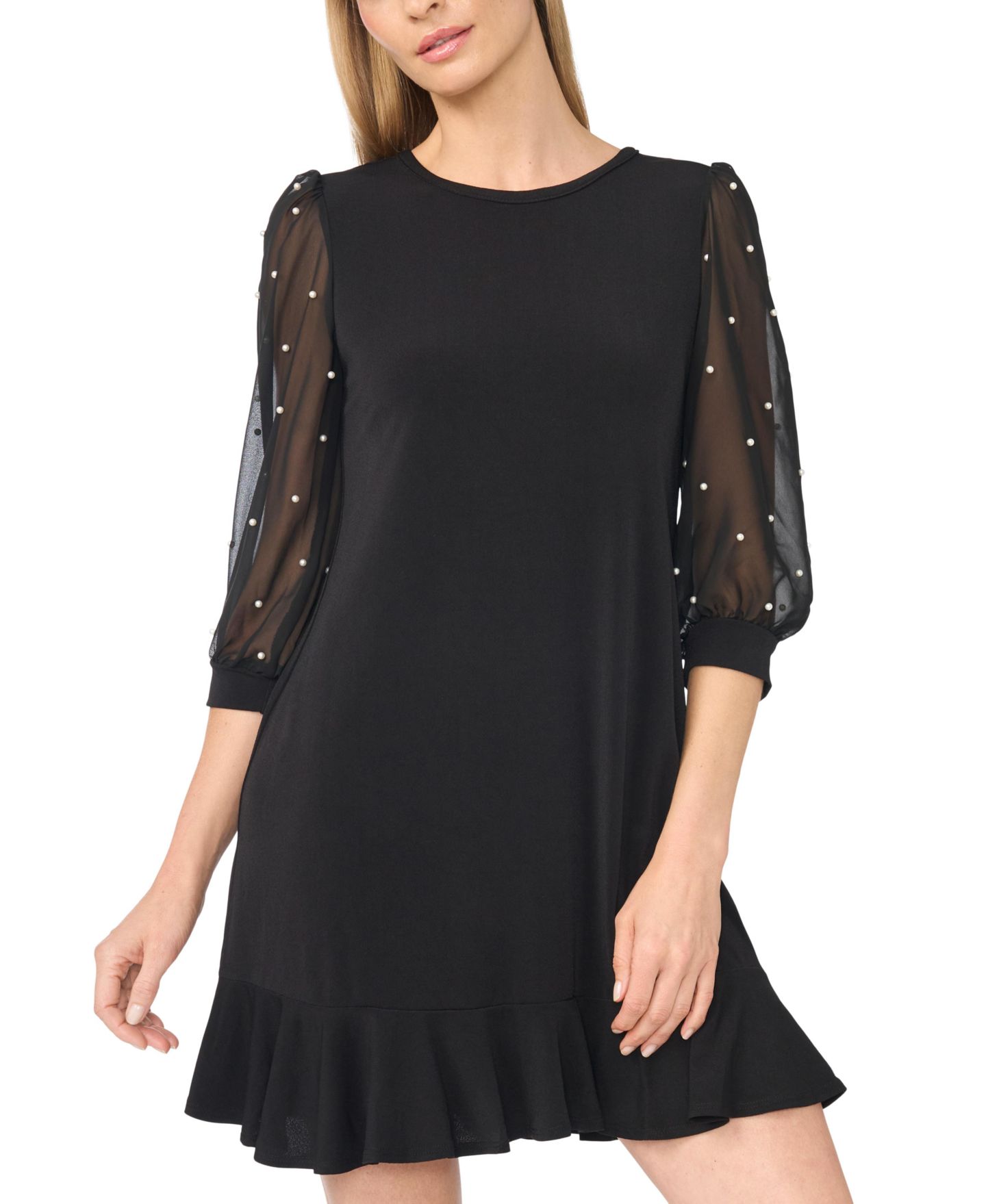 Женское платье CeCe Imitation Pearl Sleeve Mix Media Sheer Ruffled-Hem, цвет: Насыщенный чёрный — фото 2