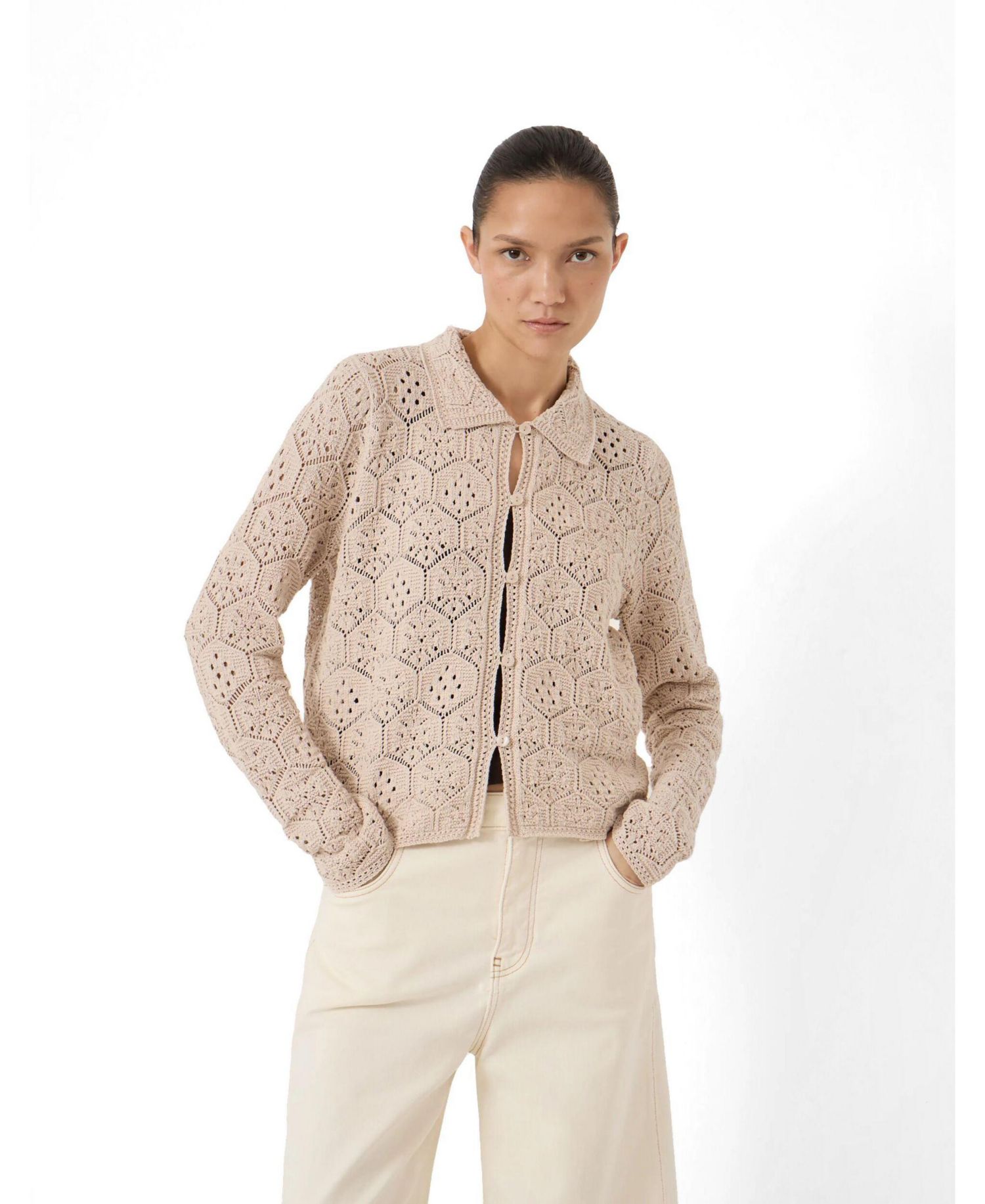 Women's Crochet Cropped Cotton Long-Sleeve Cardigan