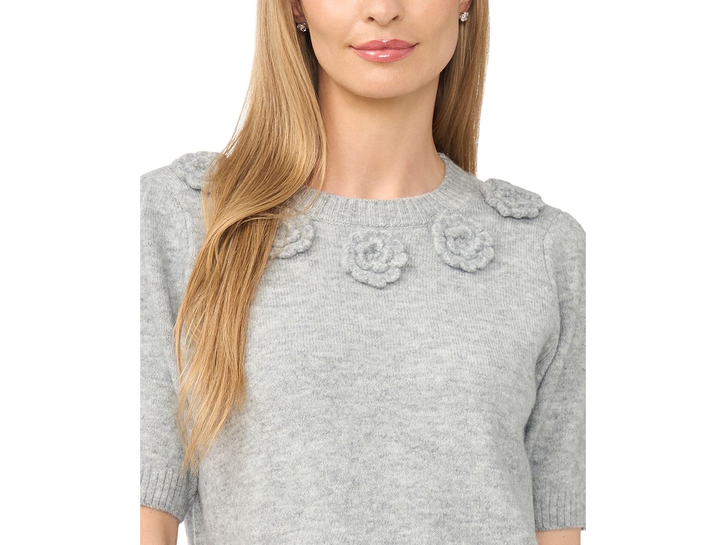 Женский свитер CeCe Short-Sleeve Crewneck Knit-Flower, цвет: Светлый меланжевый серый — фото 4
