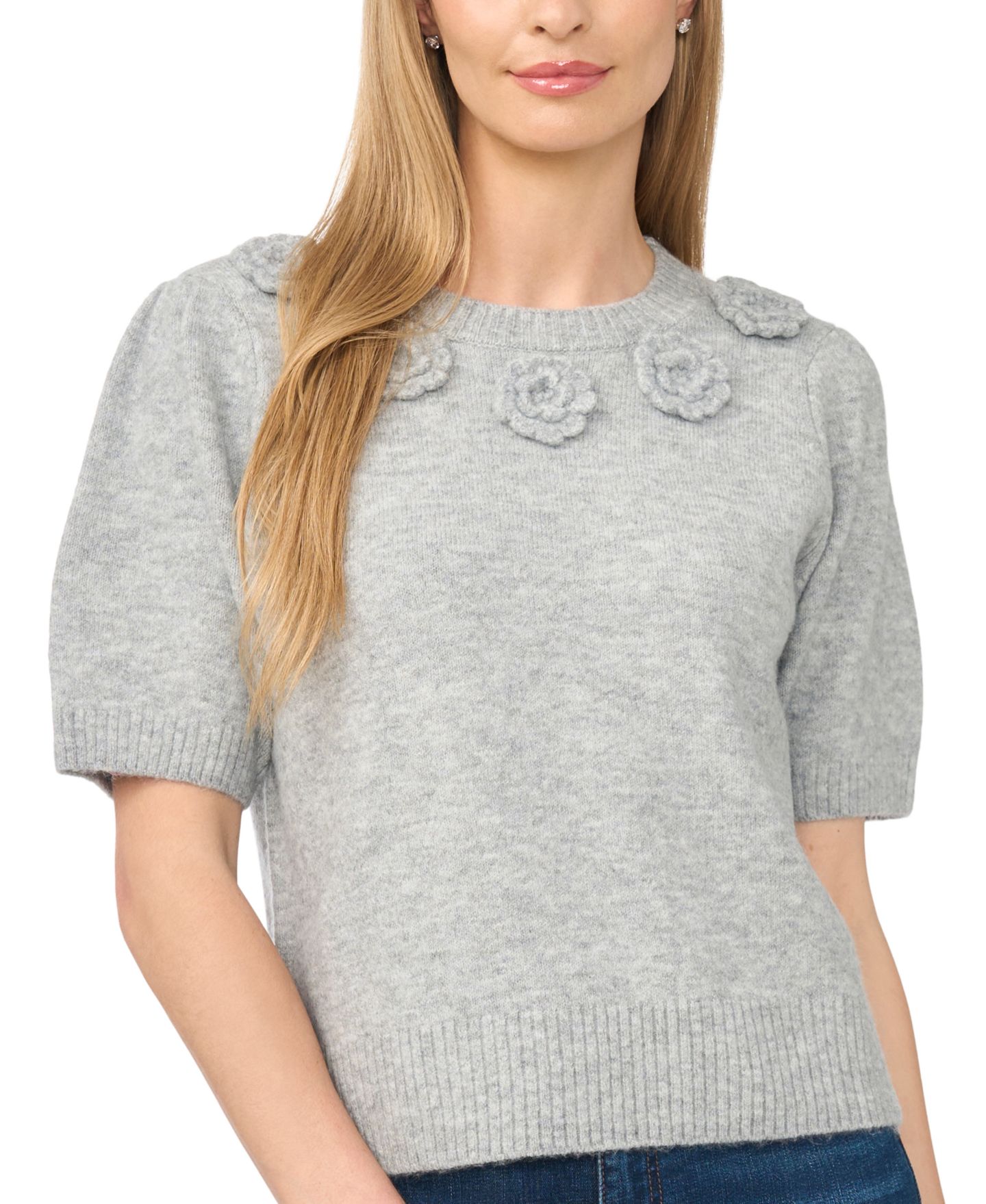 Женский свитер CeCe Short-Sleeve Crewneck Knit-Flower, цвет: Светлый меланжевый серый — фото 3