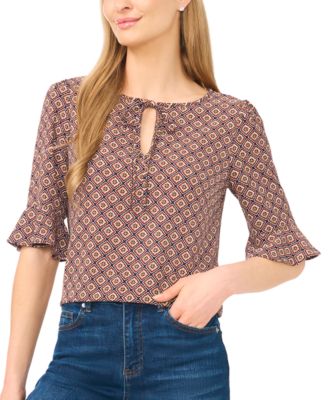 Women's Split Tie Neck 3/4-Sleeve Ruffle Cuff Blouse