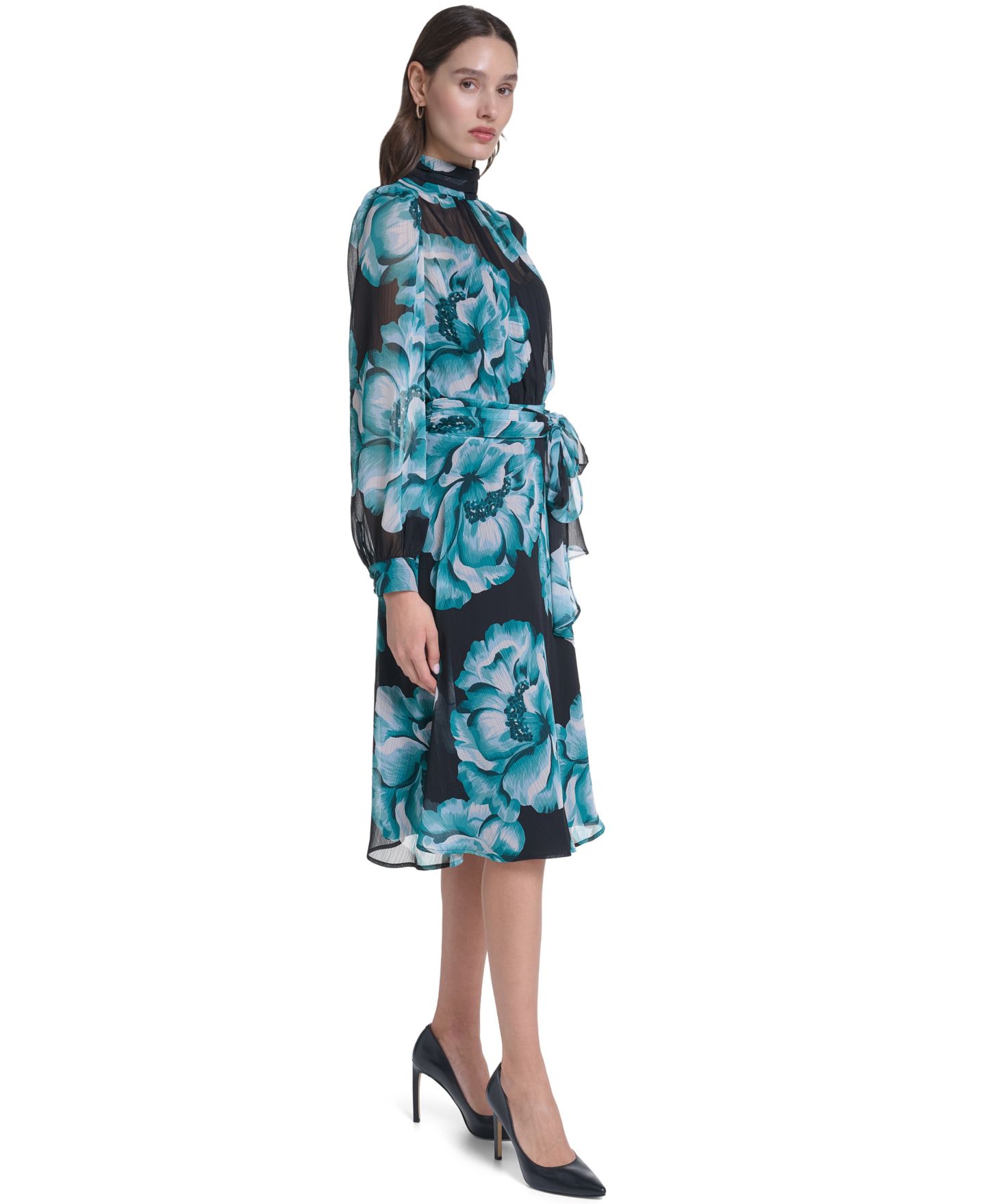 Женское платье Calvin Klein Wedding Guest Floral-Print Long-Sleeve Chiffon Midi, цвет: Чёрный, вариант 1 — фото 3